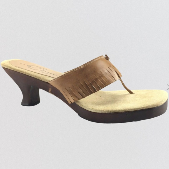 Camel Brown Wood Heel Slip On Fringe Sandals - Picture 4 of 8